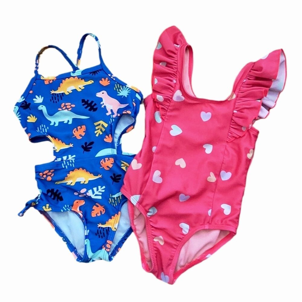 Cat & Jack Kids Blue Dinosaurs and Pink With Hearts Swimsuits